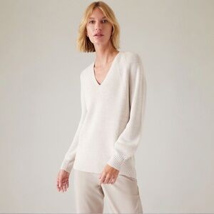 Athleta Hanover Refined V Neck Sweater in Magnolia White Merino Wool Blend